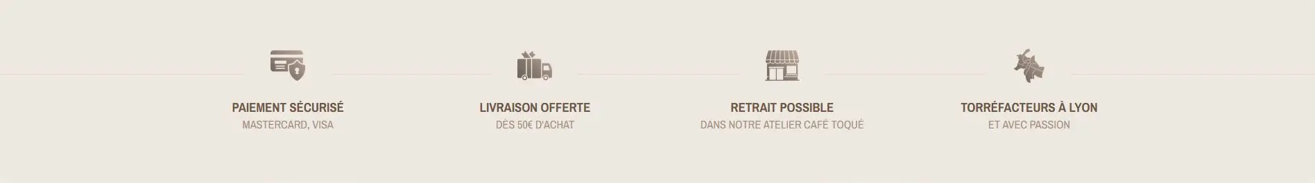 Reprise de quatre logos de paiement sécurisé livraison offerte à 50 euros de retrait click and collect et de torréfacteur à lyon